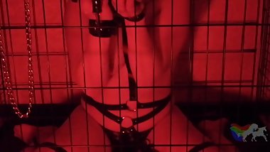 Caged slave handjob