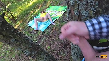 CAUGHT A YOUNG NYMPHOMANIAC MASTURBATING IN THE WOODS. I LICKED HER, FUCKED HER AND FINISHED ON ASS