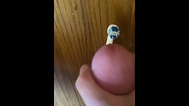 Teen boy driping precum on stepsisters tooth brush