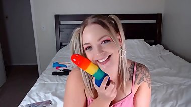 Horny Little Slut Fucks Herself to Orgasm with Rainbow Dildo