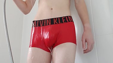 Shower in Calvin Klein underwear and socks