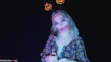 Sexy Blonde on Halloween Party Undressing and Fingering Pussy